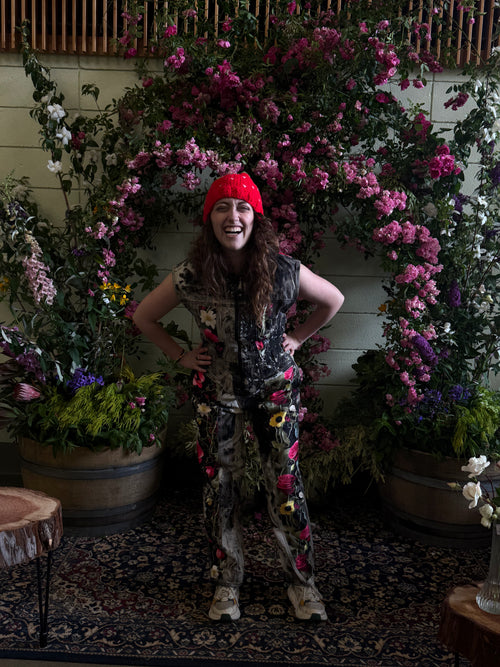 Denim and Silk floral Onesie groundbreaking